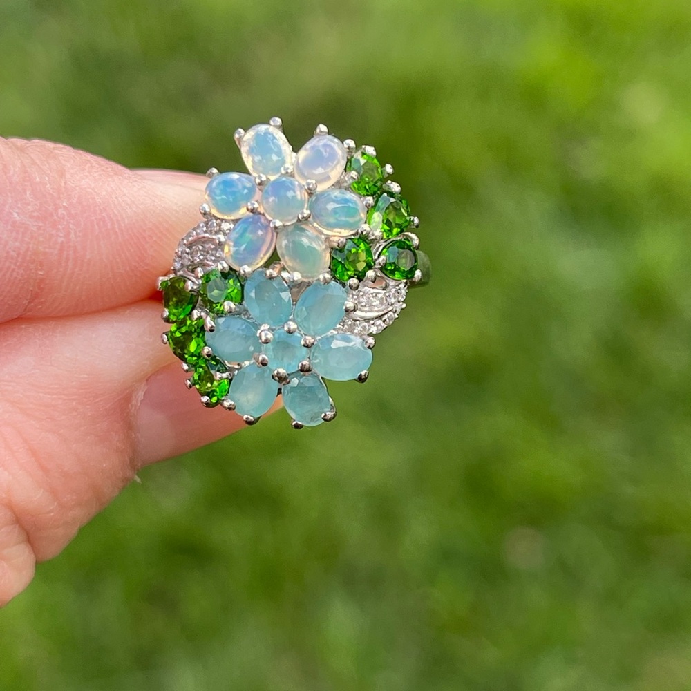 Grandidierite, Opal and Chrome Dioside Floral Ring